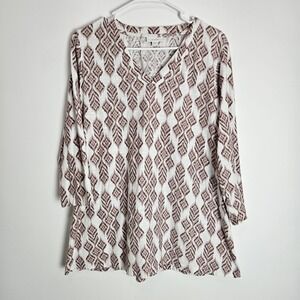 Pure Jill J Jill Blouse Women's‎ Sz L Cotton V-Neck 3/4 Sleeve Diamond Southwest